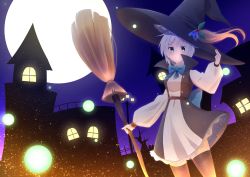 Rule 34 | .live, 1girl, absurdres, bad id, bad pixiv id, bare tree, black hat, black thighhighs, blue bow, bow, breasts, broom, choco (chocovix112), closed mouth, commentary request, dress, full moon, green eyes, halloween, hand up, hat, highres, holding, holding broom, lamppost, long sleeves, looking at viewer, medium breasts, moon, parted bangs, puffy long sleeves, puffy sleeves, dennou shoujo siro, smile, solo, thighhighs, tree, virtual youtuber, white dress, white hair, witch hat