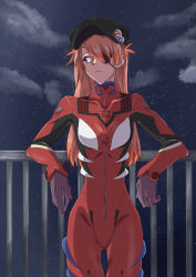 Rule 34 | 1girl, absurdres, arm rest, artist request, baseball cap, blue eyes, bodysuit, breasts, brown hair, curvy, expressionless, eyepatch, gloves, hair ornament, hat, highres, long hair, neon genesis evangelion, night, night sky, pilot suit, plugsuit, rebuild of evangelion, simple background, sky, small breasts, solo, souryuu asuka langley, standing, very long hair, wide hips