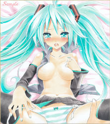 Rule 34 | 1girl, aqua eyes, aqua hair, ayuayu (chisuke ayu), bad id, bad pixiv id, blush, breasts, detached sleeves, hand on another&#039;s chest, hand on own chest, hatsune miku, long hair, lying, navel, open clothes, open shirt, panties, pantyshot, sample watermark, shirt, side-tie panties, skirt, solo, striped clothes, striped panties, tears, thighhighs, traditional media, twintails, underwear, untied, upskirt, vocaloid, watermark