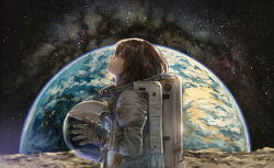 Rule 34 | 1girl, blush, brown hair, catzz, cloud, earth (planet), gloves, grey gloves, unworn headwear, helmet, unworn helmet, highres, holding, holding helmet, looking at viewer, moon, night, on moon, original, oxygen tank, parted lips, planet, profile, raised chin, rock, short hair, signature, sky, solo, space, space helmet, spacesuit, star (sky), starry sky, upper body, wristband