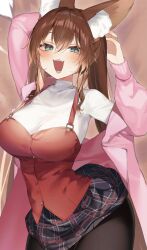 Rule 34 | 1girl, :d, absurdres, animal ear fluff, animal ears, black pantyhose, blue eyes, blush, breasts, brown hair, fox ears, fox girl, fox tail, hair between eyes, highres, jacket, large breasts, long hair, long sleeves, looking at viewer, open mouth, original, own hands together, pantyhose, pink jacket, plaid, plaid skirt, plushmallow, shirt, skirt, smile, solo, stretching, tail, tamafurin