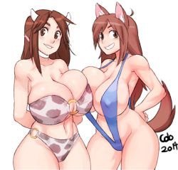 Rule 34 | 2girls, ahoge, animal ears, animal print, arms behind back, bad id, bad tumblr id, bandeau, bikini, borrowed character, breast press, breasts, brown eyes, brown hair, choker, colo (nagrolaz), covered erect nipples, cow ears, cow horns, cow print, dog ears, dog tail, ego trigger, grin, hand on own hip, horns, huge breasts, lass (ego trigger), long hair, mattie (ego trigger), multiple girls, original, slingshot swimsuit, smile, strap gap, swimsuit, tail, unaligned breasts