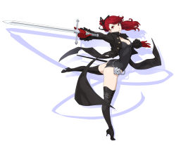 Rule 34 | 1girl, ass, black footwear, black legwear, black leotard, black ribbon, breasts, collarbone, floating hair, full body, gloves, hair between eyes, hair ribbon, high heels, high ponytail, holding, holding weapon, leotard, long hair, looking up, medium breasts, open mouth, ozkh, persona, persona 5, red eyes, red gloves, red hair, ribbon, simple background, smile, solo, spinning, standing, standing on one leg, sword, thighs, weapon, white background, yoshizawa kasumi