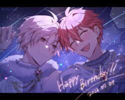Rule 34 | 2023, 2boys, black border, border, brothers, closed eyes, closed mouth, dated, hand on own hip, happy birthday, idolish7, kaki hime, kujou tenn, looking at another, male focus, multiple boys, nanase riku, open mouth, pink eyes, pink hair, red hair, short hair, siblings, sky, smile, star (sky), star (symbol), starry background, starry sky, teeth, twins, twitter username