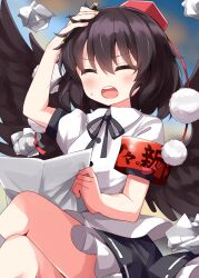 Rule 34 | 1girl, bird wings, black hair, black skirt, black wings, blush, buttons, closed eyes, feathered wings, frilled skirt, frills, hat, highres, holding, holding paper, holding pen, open mouth, paper, pen, pom pom (clothes), red hat, ruu (tksymkw), shameimaru aya, shirt, short hair, short sleeves, skirt, solo, tokin hat, touhou, white shirt, wings