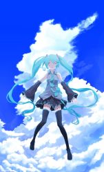 Rule 34 | 1girl, bad id, bad pixiv id, black thighhighs, cloud, day, detached sleeves, closed eyes, green hair, hair ornament, hatsune miku, highres, long hair, looking at viewer, necktie, parted lips, pleated skirt, rinta (reyte), skirt, sky, solo, thighhighs, twintails, vocaloid, zettai ryouiki