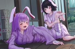 Rule 34 | &gt;:), 2girls, :d, ^ ^, alternate costume, animal ears, bandaged hand, bandaged leg, bandages, barefoot, black hair, blush, breasts, carrot necklace, closed eyes, commentary request, dress, feet out of frame, tickling feet, inaba tewi, indoors, japanese clothes, jewelry, kimono, long hair, long sleeves, looking at another, lying, medium breasts, multiple girls, necklace, on stomach, open mouth, pink dress, puffy short sleeves, puffy sleeves, purple hair, purple kimono, rabbit ears, rabbit girl, rabbit tail, red eyes, reisen udongein inaba, roke (taikodon), short hair, short sleeves, sitting, sliding doors, smile, tail, tears, tickling, touhou, v-shaped eyebrows, wariza, wide sleeves, wooden floor