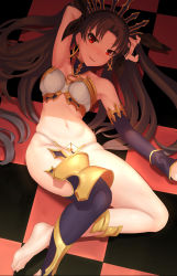 Rule 34 | 1girl, anklet, arm up, armpits, asymmetrical legwear, asymmetrical sleeves, bare shoulders, barefoot, black hair, crown, detached collar, earrings, elbow gloves, fate/grand order, fate (series), feet, gloves, highres, hoop earrings, ishtar (fate), jewelry, lolihorn, looking at viewer, lying, navel, neck ring, on back, parted bangs, red eyes, single elbow glove, single thighhigh, smile, solo, thighhighs, two side up, uneven legwear, uneven sleeves