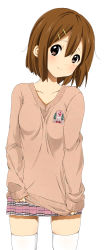 Rule 34 | 1girl, bad id, bad pixiv id, blush, brown eyes, brown hair, casual, clothes tug, cowboy shot, hair between eyes, hair ornament, hairclip, head tilt, highres, hirasawa yui, k-on!, light smile, looking at viewer, official style, plaid, plaid skirt, ragho no erika, short hair, simple background, skirt, smile, solo, squinting, sweater, sweater tug, thighhighs, white background, white thighhighs, zettai ryouiki