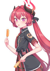Rule 34 | 1girl, absurdres, aiguillette, belt pouch, black ribbon, blue archive, demon horns, eating, food, food on face, gyubu, hair between eyes, hair ribbon, halo, highres, holding, holding food, horns, junko (blue archive), long hair, looking at viewer, military, military uniform, necktie, pink eyes, plaid, plaid skirt, pointy ears, popsicle, pouch, red hair, red necktie, red skirt, ribbon, short sleeves, simple background, skirt, solo, uniform, upper body, white background
