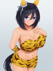 Rule 34 | 1girl, alternate costume, animal ears, animal print, arm behind back, bare shoulders, black hair, blue eyes, blush, breasts, closed mouth, commentary request, cowboy shot, crop top, ear covers, ear ornament, eishin flash (umamusume), elbow sleeve, gradient background, hair between eyes, highres, horse ears, horse girl, horse tail, large breasts, licking lips, looking at viewer, m172/minatsu, midriff, navel, short hair, short shorts, shorts, smile, solo, tail, tiger print, tongue, tongue out, umamusume