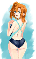 Rule 34 | 10s, 1girl, :d, ass, back cutout, bad id, bad pixiv id, blue eyes, bow, clothing cutout, competition swimsuit, from behind, ganzyu i, hair between eyes, hair bow, kosaka honoka, looking at viewer, looking back, love live!, love live! school idol project, one-piece swimsuit, one side up, open mouth, orange hair, short hair, side ponytail, smile, swimsuit, thigh gap, yellow bow