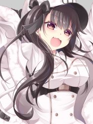 Rule 34 | 1girl, arms up, azur lane, black hair, black ribbon, blush, breasts, buttons, coat, coat dress, fang, fur-trimmed coat, fur trim, grey background, hair ornament, hair ribbon, hat, heart, heart-shaped pupils, heart in eye, highres, large breasts, long hair, long sleeves, looking at viewer, open mouth, padded coat, pamiat merkuria (azur lane), purple eyes, ribbon, russian clothes, satsujinki x, sidelocks, skin fang, smile, solo, symbol-shaped pupils, symbol in eye, underboob, white coat, white hat