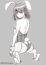 Rule 34 | 10s, 1girl, animal ears, ass, back-seamed legwear, bare shoulders, dated, detached collar, fake animal ears, fishnet pantyhose, fishnets, from behind, grey background, greyscale, haguro (kancolle), hair ornament, high heels, kantai collection, kneeling, leotard, looking at viewer, looking back, moke ro, monochrome, pantyhose, playboy bunny, rabbit ears, rabbit tail, seamed legwear, short hair, simple background, smile, solo, tail, wrist cuffs