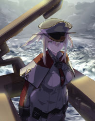 Rule 34 | 1girl, blonde hair, breasts, capelet, celtic knot, cloud, cross, graf zeppelin (kancolle), grey eyes, grey sky, hair between eyes, hat, iron cross, jacket, kantai collection, large breasts, machinery, military, military hat, military uniform, necktie, ocean, peaked cap, sidelocks, sky, solo, tsurime, twintails, uniform, upper body, waves, yamaioni (sasakama)