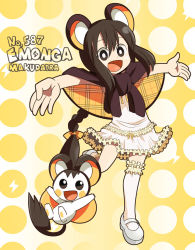 Rule 34 | 1girl, :d, animal ears, black eyes, black hair, character name, creatures (company), emolga, frills, game freak, gen 5 pokemon, hora (hora06), moemon, nintendo, open mouth, outstretched arms, personification, pokedex number, pokemon, pokemon (creature), scarf, smile, spread arms