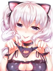 Rule 34 | 10s, 1girl, :p, alternate costume, animal ears, bad id, bad pixiv id, bell, black panties, blush, breasts, cat cutout, cat cutout panties, cat ear panties, cat ears, cat lingerie, choker, cleavage, cleavage cutout, clothing cutout, eyebrows, fake animal ears, fang, frills, hair between eyes, hair ornament, hair ribbon, head tilt, highres, holding, holding clothes, holding own hair, holding panties, holding underwear, jingle bell, kantai collection, kashima (kancolle), large breasts, long hair, looking at viewer, meme attire, neck bell, no panties, panties, paw pose, purple eyes, ribbon, silly (marinkomoe), simple background, smile, solo, tongue, tongue out, twintails, underwear, unworn panties, upper body, white background, white hair, wrist cuffs