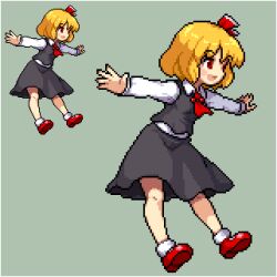Rule 34 | 1girl, ascot, black skirt, black vest, blonde hair, blush stickers, bobby socks, flat chest, lowres, mary janes, official style, ofuda, ofuda on head, outstretched arms, pixel art, red eyes, red footwear, rumia, shirosu, shirt, shoes, short hair, skirt, socks, touhou, urban legend in limbo, vest, white shirt