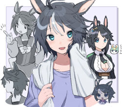 Rule 34 | 1girl, :d, ahoge, animal ears, black hair, black jacket, blue eyes, blue shirt, blush, breasts, center frills, character request, cleavage, closed mouth, collared shirt, commentary request, frills, fuji kiseki (umamusume), grey hair, hand up, holding, holding towel, horse ears, jacket, long sleeves, looking at viewer, medium breasts, michi ano shinkyo, multicolored hair, multiple views, notice lines, open mouth, pleated skirt, pointing, puffy long sleeves, puffy sleeves, school uniform, shirt, skirt, smile, streaked hair, sweat, towel, towel around neck, tracen school uniform, translation request, umamusume, white shirt