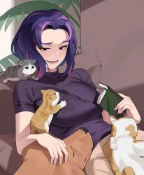 Rule 34 | 1girl, absurdres, boku no hero academia, book, bookmark, breasts, broken wall, cat, couch, dog, highres, holding, holding book, kitten, koyap, lady nagant, large breasts, multicolored hair, on couch, open mouth, original, pink hair, plant, purple hair, short sleeves, turtleneck