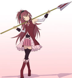 Rule 34 | 10s, 1girl, bad id, bad pixiv id, black thighhighs, boots, bow, crossed legs, detached sleeves, gradient background, hair bow, head tilt, long hair, looking at viewer, magical girl, mahou shoujo madoka magica, mahou shoujo madoka magica (anime), misu kasumi, polearm, red eyes, red hair, sakura kyoko, skirt, solo, spear, standing, thighhighs, watson cross, weapon