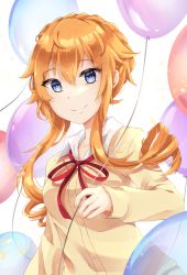 Rule 34 | 1girl, balloon, blue eyes, braid, breasts, brown sweater, closed mouth, commentary request, date a live, drill hair, hair between eyes, highres, holding, holding balloon, jeungi, long hair, long sleeves, looking ahead, orange hair, red neckwear, school uniform, shirt, sidelocks, smile, solo, sweater, upper body, white shirt, yamai kaguya