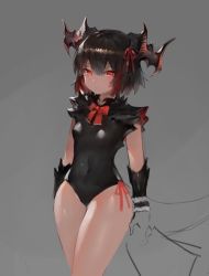 Rule 34 | 1girl, arm guards, arms at sides, bad id, bad pixiv id, bare hips, black hair, black leotard, bow, bowtie, breasts, covered navel, dokomon, dragon girl, dragon horns, grey background, hair ribbon, highres, horns, leotard, looking at viewer, multicolored hair, puzzle &amp; dragons, red bow, red bowtie, red eyes, red ribbon, ribbon, side-tie leotard, simple background, sketch, small breasts, solo, thighs, two-tone hair, v-shaped eyebrows