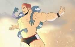Rule 34 | 1boy, abs, bara, blue male swimwear, blush, brown hair, bulge, cloud, cloudy sky, facial hair, from side, goatee, half-closed eyes, highres, kansuke (kansuke 717), large pectorals, light particles, male focus, male swimwear, muscular, muscular male, navel, nipples, official alternate costume, outstretched arms, pectorals, scar, short hair, sideburns, sideburns stubble, sky, solo, spiked hair, spirit, spread arms, strongman waist, stubble, swim briefs, tamamura gunzo, thick eyebrows, thick thighs, thighs, tokyo houkago summoners, topless male