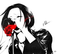 Rule 34 | 1girl, absurdres, belt collar, black hair, black jacket, character name, collar, copyright name, flower, highres, holding, holding microphone, jacket, jake (jsck), microphone, microphone stand, music, nana (series), osaki nana, red flower, red rose, rose, simple background, singing, solo, spot color, upper body, white background
