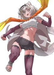 Rule 34 | blush, bow, bowtie, cape, crop top, cutoffs, detached sleeves, extra ears, fishnet gloves, fishnet thighhighs, fishnets, frilled hairband, frilled lizard (ex) (kemono friends), frilled thighhighs, frills, gloves, grey cape, grey footwear, grey hair, grey shorts, hair between eyes, hairband, highres, kemono friends, lizard tail, midriff, navel, open mouth, orange bow, orange bowtie, pink sleeves, pink thighhighs, reptile girl, sandals, short hair, short shorts, shorts, sidelocks, smile, tail, tanabe (fueisei), thighhighs, yellow bow, yellow bowtie, yellow eyes