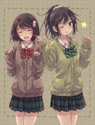Rule 34 | 2girls, ^ ^, ^o^, black hair, bow, bowtie, brown hair, brown sweater, buttons, closed eyes, dotted line, finger to cheek, flower, green bow, green bowtie, green eyes, green skirt, green sweater, hair flower, hair ornament, happy, light blush, multiple girls, one eye closed, original, pink flower, plaid, plaid skirt, pleated skirt, polka dot, polka dot background, ponytail, red bow, red bowtie, school uniform, short hair, skirt, sleeves past wrists, standing, star (symbol), striped bow, striped bowtie, striped clothes, sweater, x hair ornament, yakka