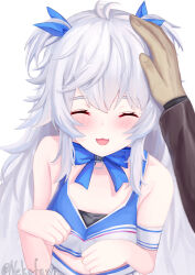Rule 34 | 1boy, 1girl, :d, black sports bra, blue bow, blue bowtie, blue ribbon, blush, bow, bowtie, breasts, cheerleader, commander (nikke), crop top, goddess of victory: nikke, hair ribbon, headpat, highres, long hair, neko fawn, official alternate costume, open mouth, poli (cheer up police) (nikke), poli (nikke), ribbon, short twintails, sidelocks, small breasts, smile, sports bra, twintails, twitter username, very long hair, wavy hair, white hair