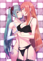 Rule 34 | 2girls, alternate hair color, aqua eyes, aqua hair, armpits, bare arms, bare shoulders, black bra, black panties, black ribbon, blue eyes, blush, bra, breasts, bubble, checkered background, cleavage, collarbone, couple, detached sleeves, din (raiden), eye contact, female focus, frilled bra, frilled panties, frills, garter belt, garter straps, hair ribbon, hatsune miku, holding hands, imminent kiss, large breasts, legs, lingerie, lips, long hair, looking at another, megurine luka, midriff, multiple girls, navel, neck, panties, parted lips, red hair, ribbon, side-tie panties, standing, strap gap, thighhighs, underwear, underwear only, very long hair, vocaloid, white bra, white panties, yuri
