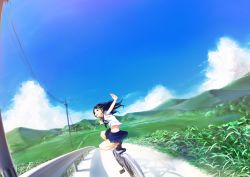 Rule 34 | 1girl, bad id, bad pixiv id, balancing, black hair, blue sky, cloud, day, field, grass, grin, guard rail, hill, landscape, long hair, midriff, mountain, on vehicle, original, outdoors, outstretched arms, perspective, pleated skirt, power lines, road, scenery, school uniform, senni, shadow, skirt, sky, smile, solo, spread arms, squatting, utility pole, valley