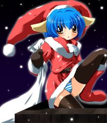 Rule 34 | 00s, 1girl, animal ears, black gloves, black thighhighs, blue hair, blue panties, blush, boots, brown eyes, capelet, chimney, christmas, dress, fur-trimmed boots, fur-trimmed capelet, fur-trimmed dress, fur-trimmed headwear, fur trim, galaxy angel, gloves, hat, long sleeves, looking at viewer, mint blancmanche, night, open mouth, outdoors, panties, pom pom (clothes), red capelet, red dress, red footwear, red hat, sana (kerarino), santa costume, santa hat, short hair, sky, snow, solo, striped clothes, striped panties, thighhighs, underwear, yellow eyes