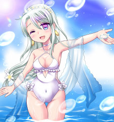 Rule 34 | 1girl, asymmetrical bangs, breasts, casual one-piece swimsuit, choker, commentary request, covered navel, cowboy shot, earrings, flower, frilled one-piece swimsuit, frilled swimsuit, frills, grey hair, hair flower, hair ornament, hairband, highres, izumi shara, jewelry, kantai collection, long hair, looking at viewer, medium breasts, official alternate costume, one-piece swimsuit, one eye closed, purple eyes, sagiri (kancolle), shawl, side-tie swimsuit, soaking feet, solo, swept bangs, swimsuit, water, white choker, white one-piece swimsuit, white shawl