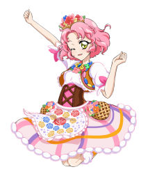 Rule 34 | 10s, 1girl, ;d, aikatsu!, aikatsu! (series), apron, blush, boots, brooch, cropped legs, dress, eyelashes, floral print, gem, happy, jewelry, kitaoji sakura, looking at viewer, one eye closed, open mouth, parted lips, pink hair, puffy sleeves, rose print, short hair, simple background, sinko (sinsin), smile, solo, tareme, waist apron, white background, yellow eyes