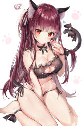 Rule 34 | 1girl, animal ears, bare shoulders, bell, between legs, black panties, black ribbon, blush, bra, breasts, cat cutout, cat ear panties, cat ears, cat lingerie, choker, cleavage, cleavage cutout, clothing cutout, collarbone, commentary, frilled bra, frills, girls&#039; frontline, gloves, hair ribbon, half updo, hand between legs, head tilt, jingle bell, large breasts, lingerie, long hair, looking at viewer, meme attire, narae, navel, one side up, panties, paw pose, purple hair, red eyes, ribbon, side-tie panties, simple background, sitting, solo, squiggle, stomach, tail, thighs, underwear, underwear only, very long hair, wa2000 (girls&#039; frontline), wariza