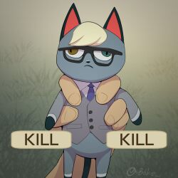 Rule 34 | 1boy, animal crossing, animal ears, animal nose, artist name, black-framed eyewear, black fur, blonde hair, blue necktie, body fur, boke-chan, bottomless, brown eyes, buttons, cat boy, cat ears, cat tail, closed mouth, collared shirt, disembodied hand, english text, furry, furry male, glasses, gradient background, grass, green background, green eyes, grey fur, grey vest, heterochromia, holding, male focus, mini person, miniboy, multicolored fur, necktie, nintendo, outdoors, pocket, pov, raymond (animal crossing), shirt, short hair, signature, sleeveless, sleeveless shirt, solo focus, swept bangs, tail, twitter username, vest, wall-eyed, white fur, white shirt
