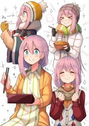 Rule 34 | 1girl, bag, beanie, bento, blue eyes, blush, bread, bread slice, buttons, cardigan, chopsticks, closed mouth, coat, commentary request, dress, eating, food, gloves, hair between eyes, hat, highres, holding, holding chopsticks, holding food, holding spoon, kagamihara nadeshiko, long hair, long sleeves, low tied hair, multiple views, open cardigan, open clothes, partially fingerless gloves, pink hair, plan (planhaplalan), scarf, simple background, smile, spoon, striped clothes, striped dress, striped legwear, sweater vest, toast, upper body, vertical-striped legwear, white background, white coat, yellow cardigan, yellow gloves, yurucamp
