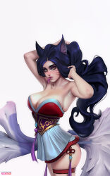 Rule 34 | 1girl, adjusting hair, ahri (league of legends), animal ear fluff, animal ears, armpits, arms up, artist name, black hair, breasts, cleavage, closed mouth, collarbone, commission, facial mark, fox ears, fox girl, highres, ibrahem swaid, japanese clothes, kimono, large breasts, league of legends, lips, long hair, obi, sash, short kimono, sitting, sleeveless, solo, strapless, white background, white kimono, yellow eyes