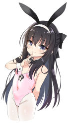 Rule 34 | 1girl, animal ears, bare shoulders, black bow, black hair, blush, bow, breasts, closed mouth, covered navel, cropped legs, fake animal ears, finger to mouth, grey eyes, groin, hair between eyes, hairband, highres, leotard, long hair, looking at viewer, mole, mole under eye, original, pink leotard, playboy bunny, rabbit ears, simple background, small breasts, smile, solo, strapless, strapless leotard, unname, very long hair, white background, white hairband, white legwear, wrist cuffs