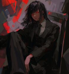 Rule 34 | 1girl, 96yottea, absurdres, alternate costume, black hair, black jacket, black necktie, black pants, chainsaw man, chair, chromatic aberration, closed mouth, collared shirt, cross scar, expressionless, formal, hair between eyes, highres, jacket, long hair, long sleeves, looking at viewer, necktie, on chair, pants, red eyes, ringed eyes, scar, scar on face, scar on nose, shirt, sitting, solo, suit, white shirt, yoru (chainsaw man)