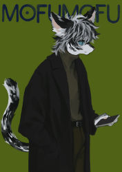Rule 34 | 1boy, absurdres, animal ear fluff, animal ears, animal nose, belt, black coat, black fur, black hair, blue eyes, blue sclera, brown pants, brown sweater, cellphone, closed mouth, coat, colored sclera, cowboy shot, furry, furry male, green background, grey hair, hand in pocket, hand up, highres, holding, holding phone, male focus, mayumochini, multicolored hair, open clothes, open coat, original, pants, phone, romaji text, short hair, sidelocks, sideways mouth, simple background, smartphone, snout, solo, standing, sweater, tail, tail raised, tiger boy, tiger ears, tiger tail, turtleneck, turtleneck sweater, two-tone fur, two-tone hair, white fur