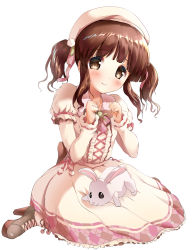 Rule 34 | 1girl, animal, beret, blush, boots, bow, brown eyes, brown footwear, brown hair, closed mouth, commentary request, dress, frilled dress, frills, fur-trimmed boots, fur trim, hair bow, hat, head tilt, high heel boots, high heels, highres, idolmaster, idolmaster cinderella girls, kuroba aki, layered sleeves, long hair, long sleeves, looking at viewer, ogata chieri, on lap, pink bow, puffy short sleeves, puffy sleeves, rabbit, short over long sleeves, short sleeves, sidelocks, simple background, solo, twintails, white background, white dress, white hat