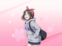 Rule 34 | artist request, backpack, bag, bang dream!, blue skirt, blush, brown hair, clothes writing, collarbone, cowboy shot, drawstring, grey eyes, grey hoodie, hair ornament, hairband, hairclip, hands in pockets, hood, hood down, hoodie, michelle (bang dream!), open mouth, pink background, print clothes, print hoodie, short hair, simple background, skirt, smile, source request, star (symbol), starry background, tagme