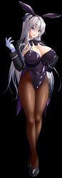 Rule 34 | 1girl, absurdres, animal ears, bishop (company), blue eyes, breasts, rabbit ears, full body, gloves, high heels, highres, mikoshiba shuri, pantyhose, ponytail, solo, tagme, thighs, white gloves, white hair