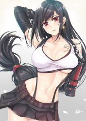 Rule 34 | 1girl, absurdres, arm behind head, arm up, armpits, bare shoulders, belt, black belt, black hair, black skirt, black sports bra, blush, breasts, buckle, cleavage, collarbone, commentary, cowboy shot, crop top, earrings, elbow gloves, final fantasy, final fantasy vii, final fantasy vii remake, fingerless gloves, gauntlets, glint, gloves, grey background, groin, gu li, hand on own chest, head tilt, highres, jewelry, large breasts, long hair, looking at viewer, low-tied long hair, midriff, miniskirt, navel, parted lips, pleated skirt, red eyes, shirt, sidelocks, signature, simple background, skirt, smile, snap-fit buckle, solo, sports bra, standing, suspender skirt, suspenders, swept bangs, tank top, taut clothes, taut shirt, thigh gap, tifa lockhart, underboob, very long hair, white tank top