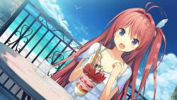 Rule 34 | 10s, 1girl, akinashi yuu, ao no kanata no four rhythm, blue eyes, blush, breasts, cloud, collarbone, cup, food, fruit, game cg, happy, ice, ice cream, kurashina asuka, large breasts, long hair, looking at viewer, ocean, open mouth, red hair, side ponytail, sitting, sky, smile, solo, spoon, sprite (company), strawberry, sundae, table, water