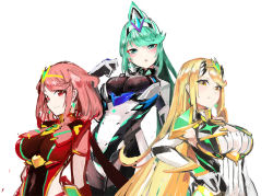 Rule 34 | 3girls, blonde hair, breasts, chest jewel, cleavage, cleavage cutout, clothing cutout, dress, female focus, green eyes, green hair, large breasts, long hair, matching hair/eyes, multiple girls, multiple persona, mythra (xenoblade), pneuma (xenoblade), ponytail, pyra (xenoblade), red eyes, red hair, short dress, short hair, swept bangs, tim (a9243190a), very long hair, white dress, xenoblade chronicles (series), xenoblade chronicles 2, yellow eyes
